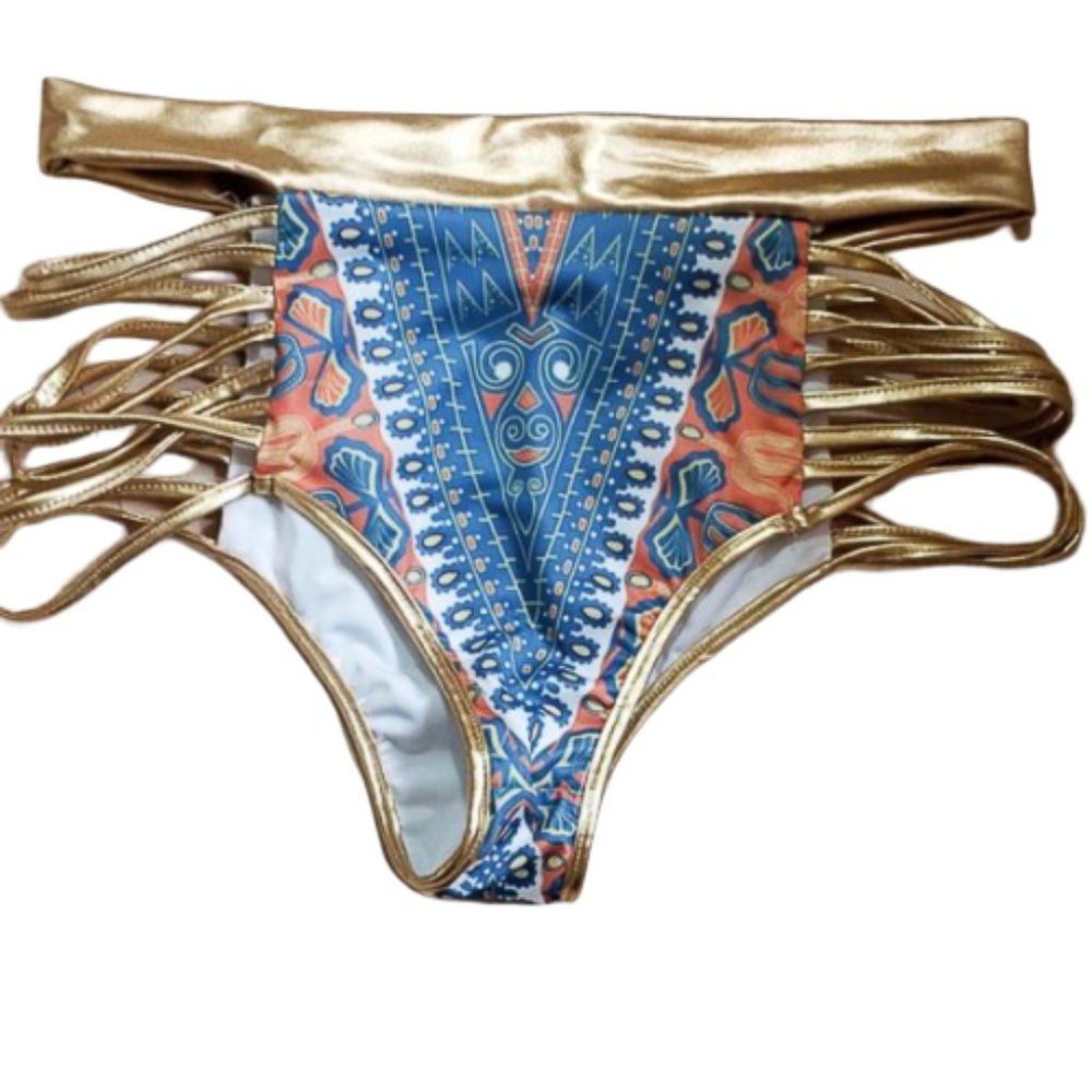 Gold metalic strappy tiki high waist cheeky bottom
